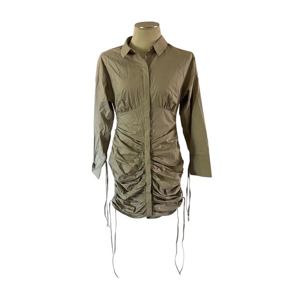 L Academie Beige Tan Mini Shirt Dress Ruched Skirt Tie Sleeves Sz S - Picture 1 of 8